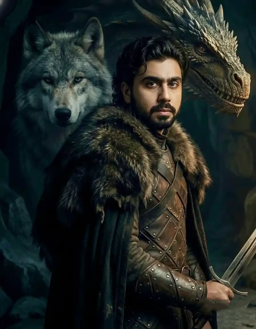 Warrior with wolf and dragon