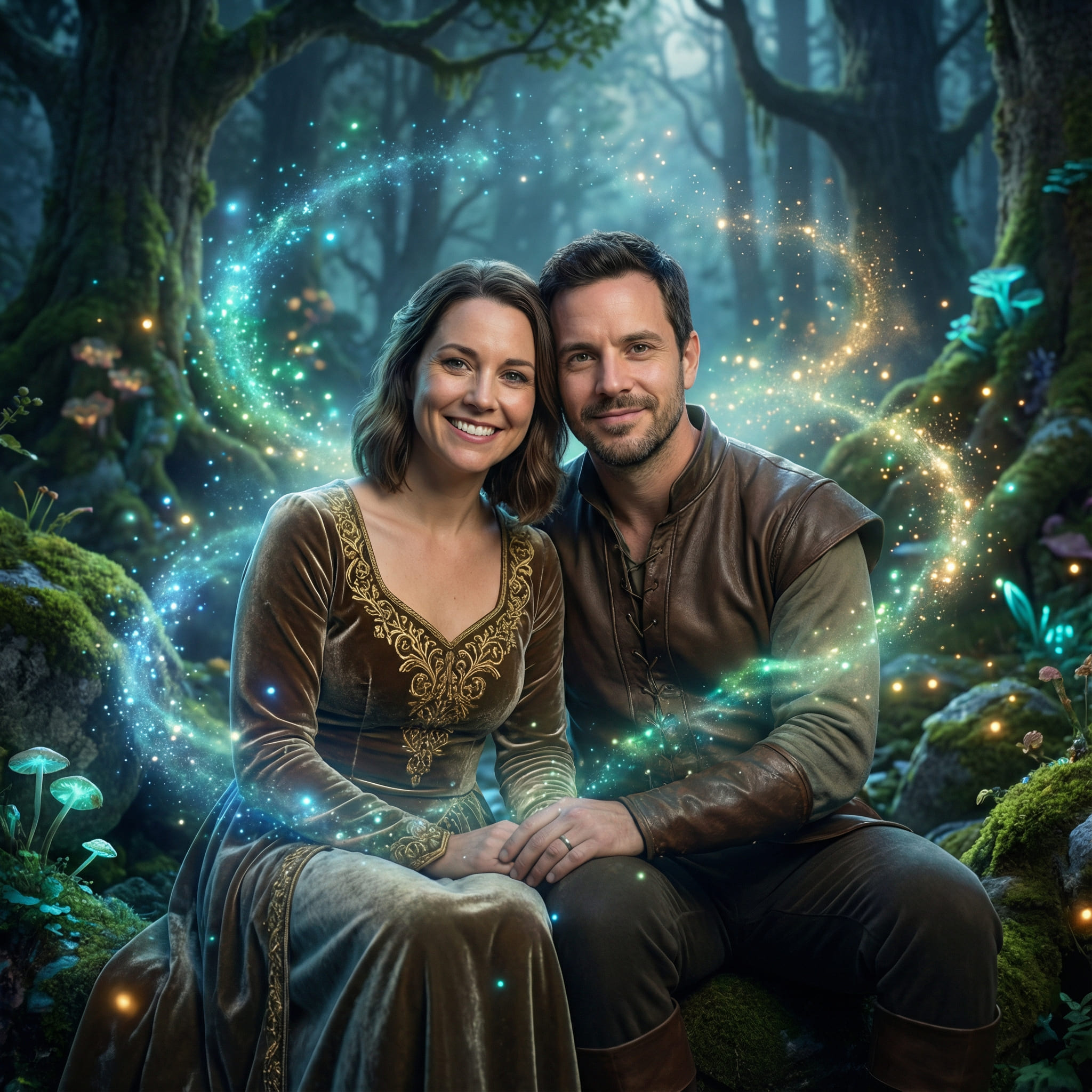 Fantasy couple scene with glowing magical particles after