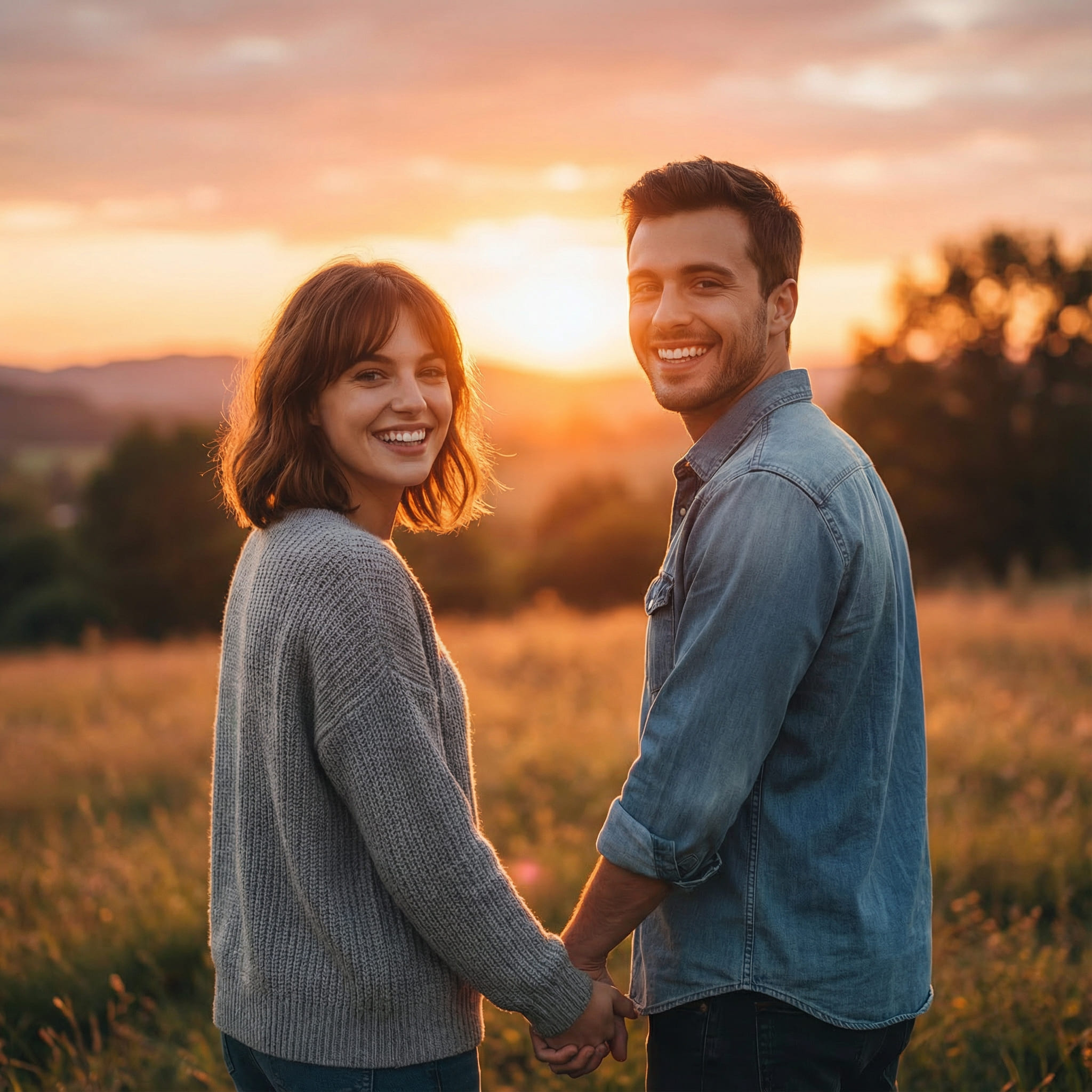 Happy couple holding hands in a romantic sunset after