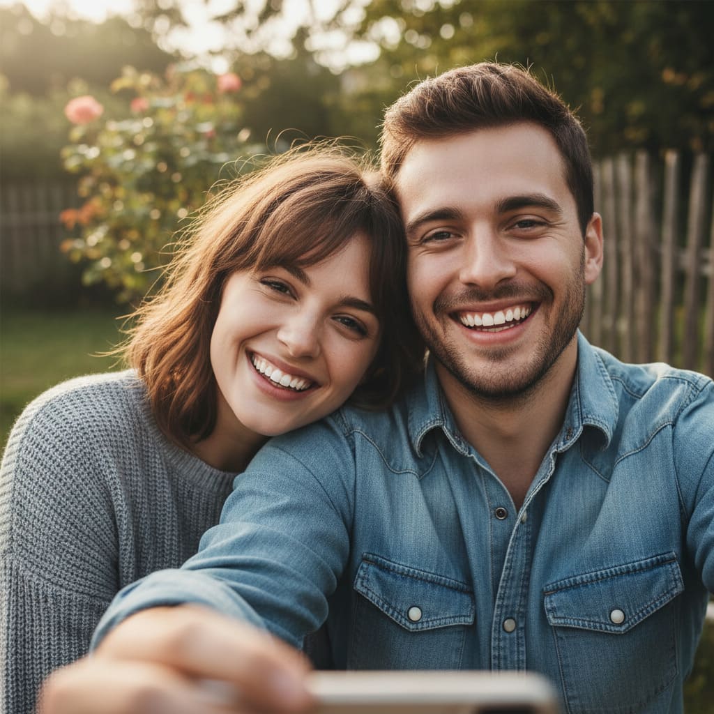 Happy couple holding hands in a romantic sunset before