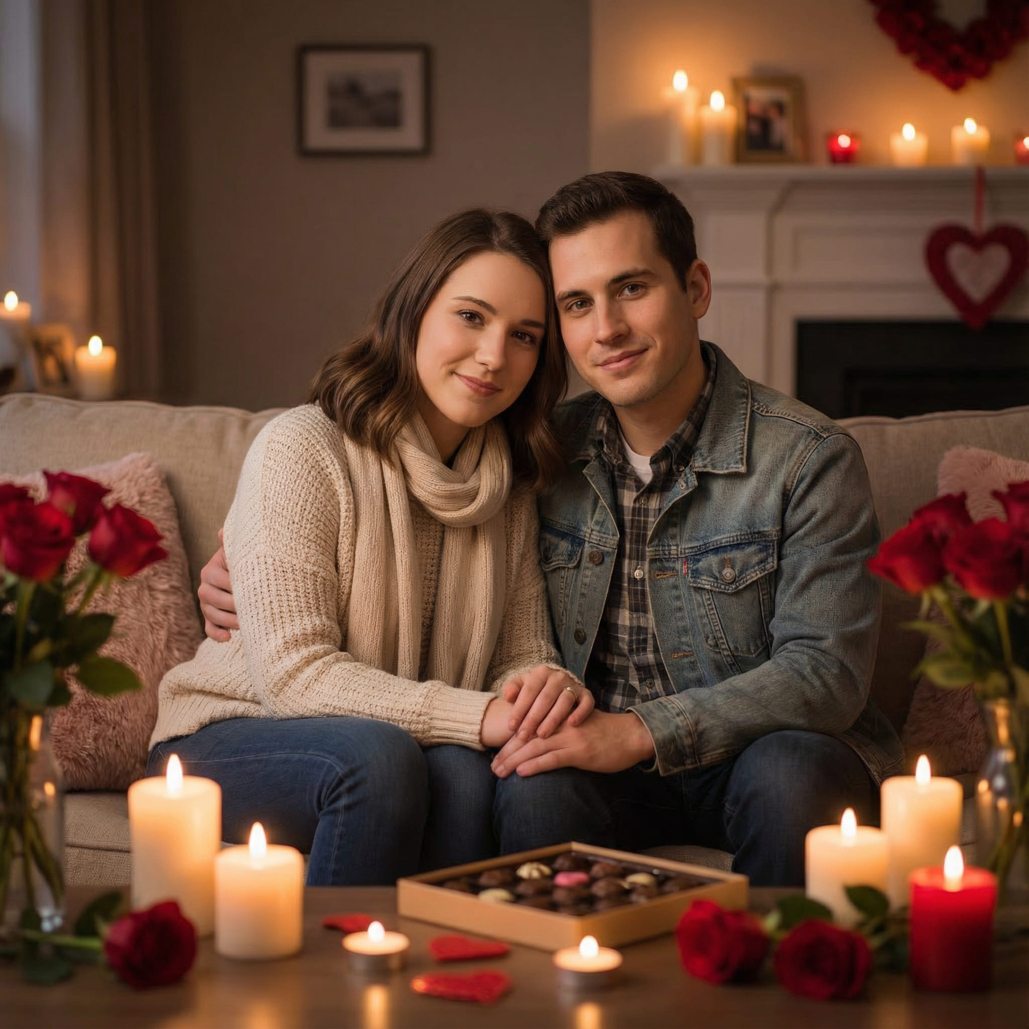Couple in a cozy indoor Valentine's setting with candles after