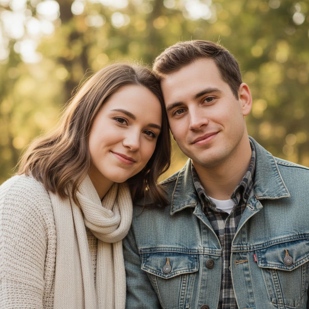 Couple in a cozy indoor Valentine's setting with candles before