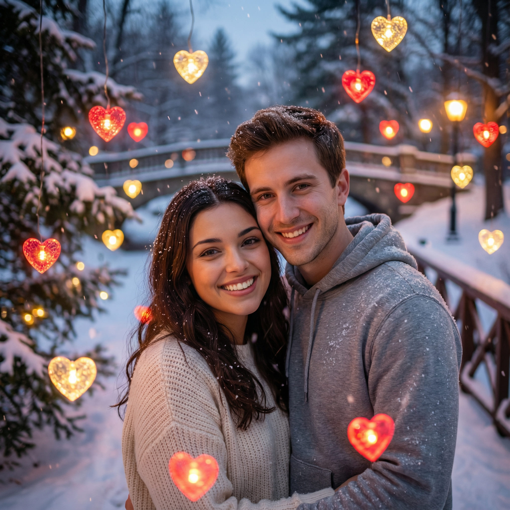 Couple in a winter scene with snow and heart-shaped lights after