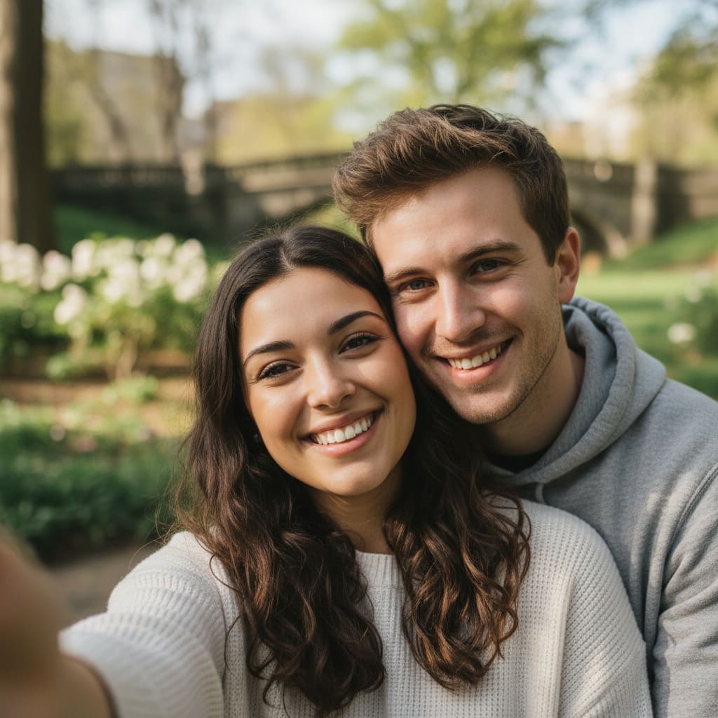 Couple in a winter scene with snow and heart-shaped lights before