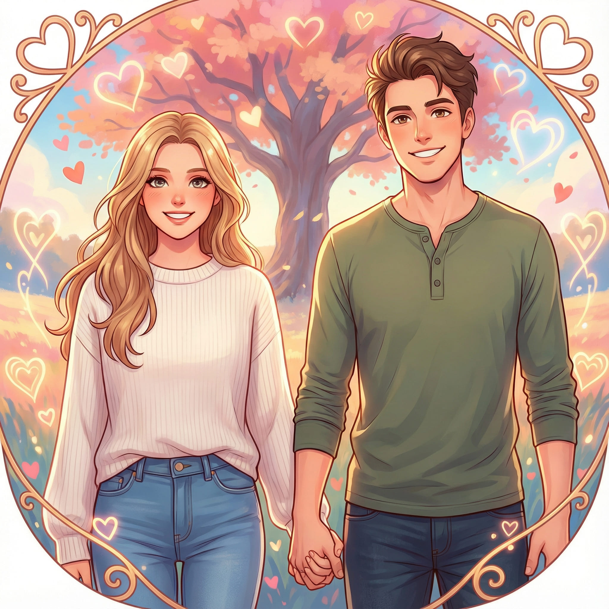 Anime-style romantic couple portrait after