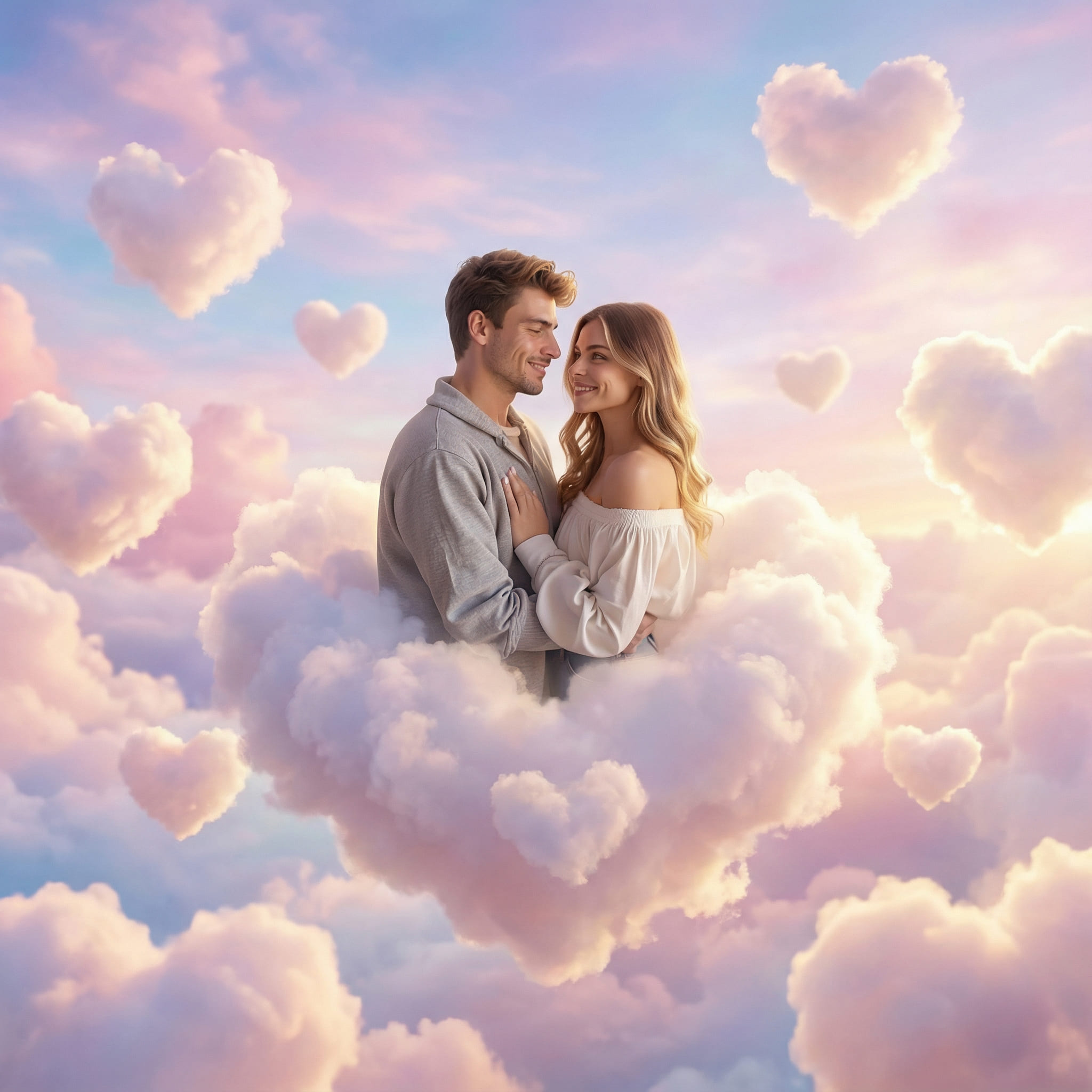 Couple floating on heart-shaped clouds in a fantasy scene after