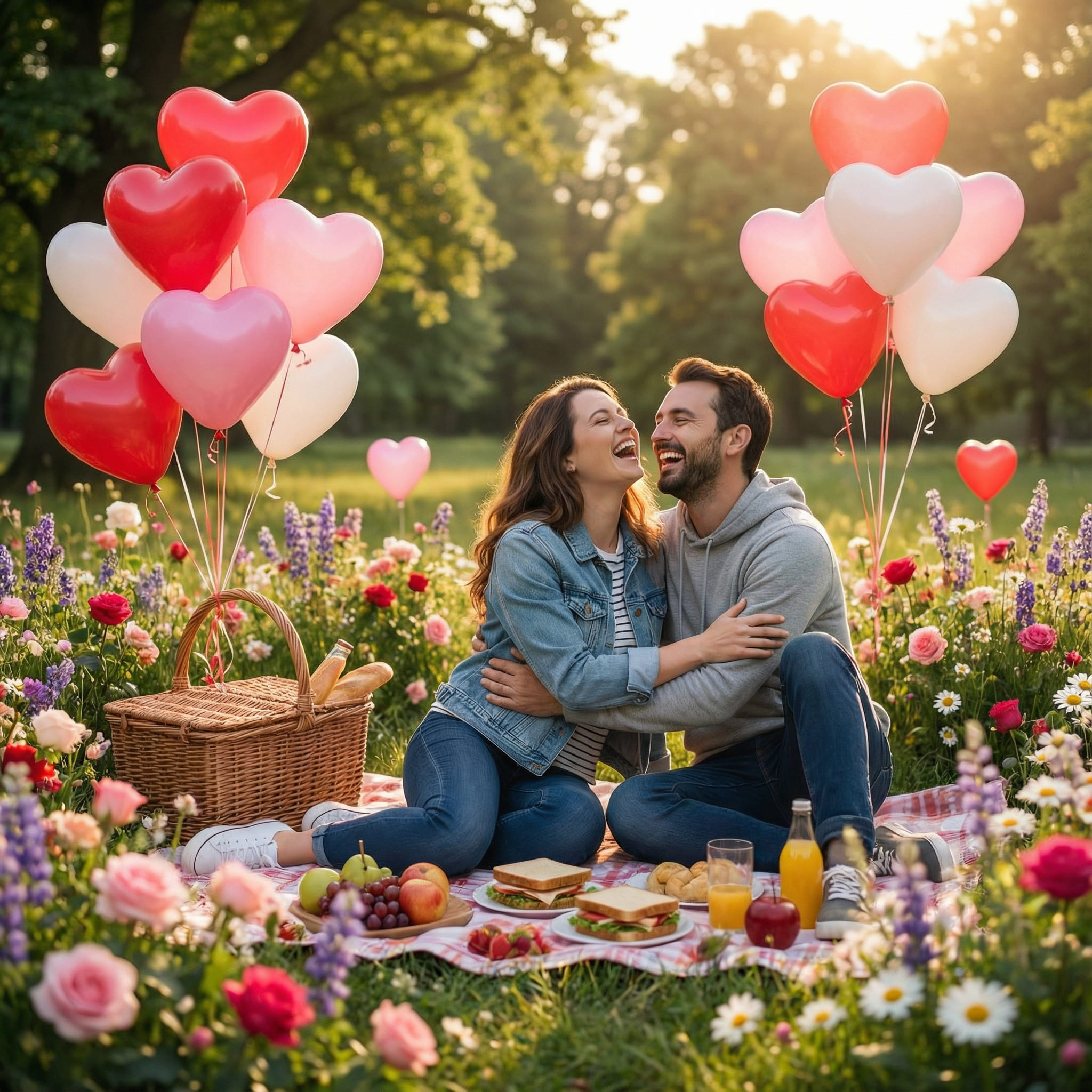 Couple enjoying a picnic in a park with flowers and balloons after