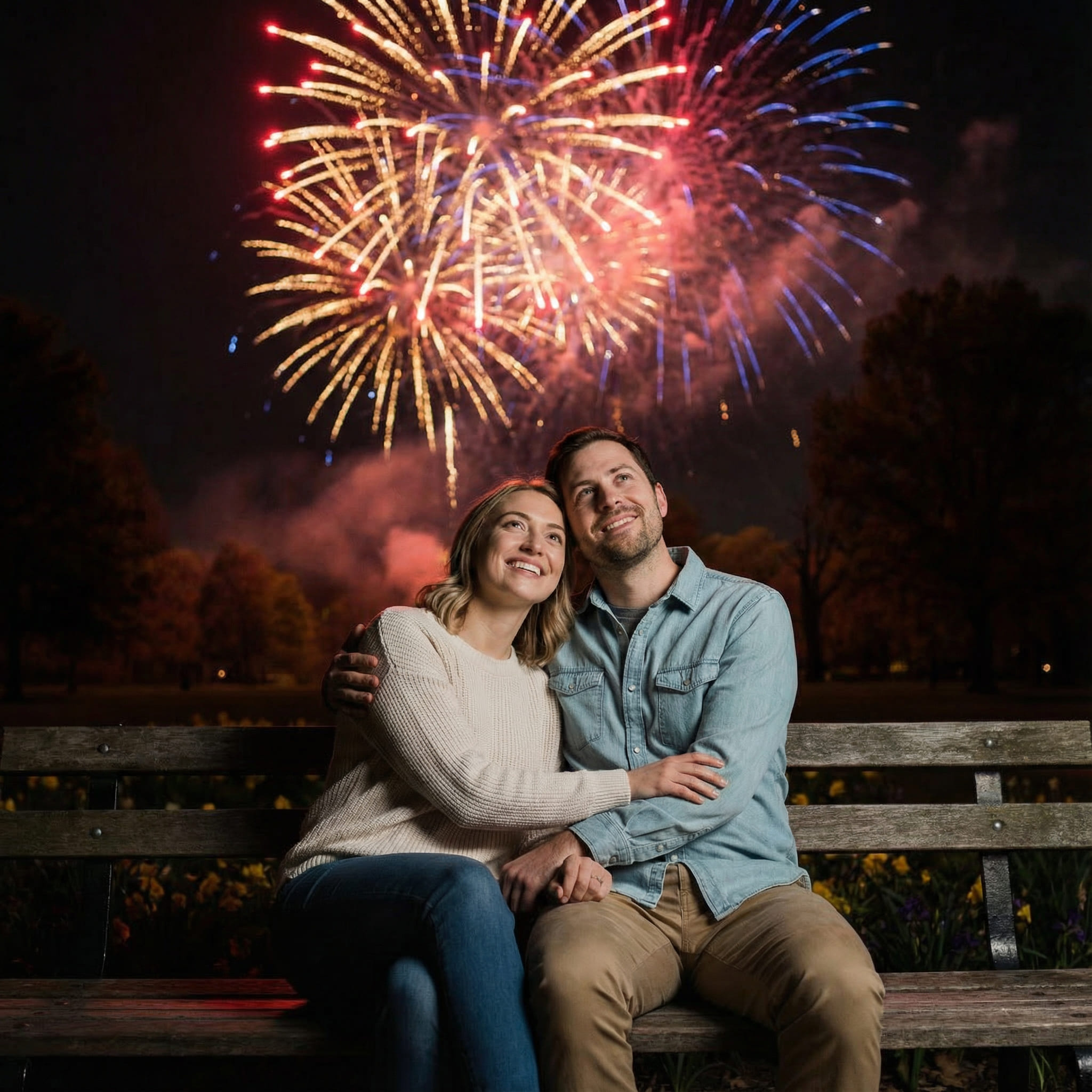 Couple under fireworks in a romantic outdoor scene after