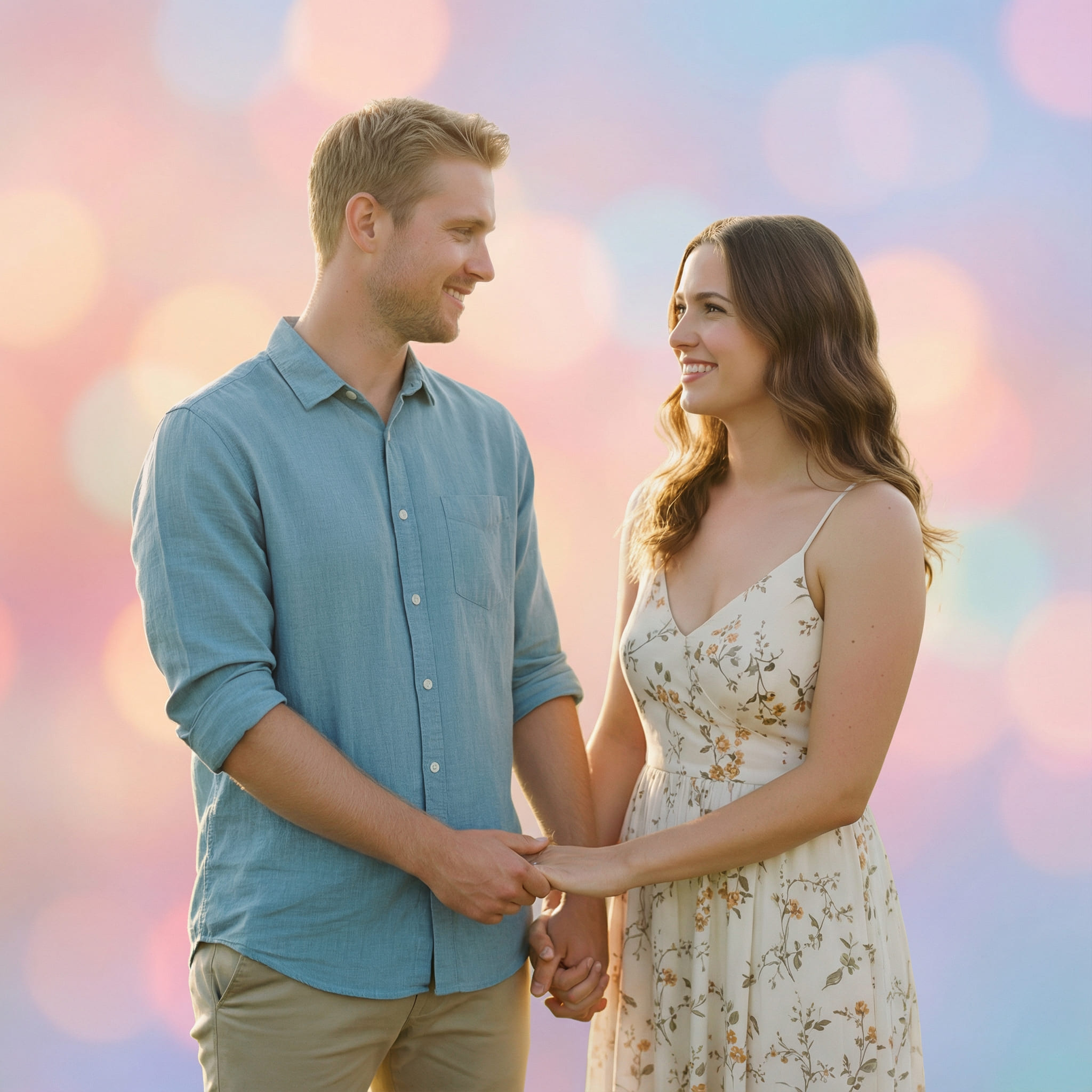 Cinematic couple portrait with soft pastel bokeh after