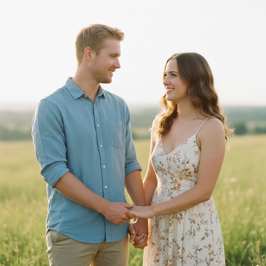 Cinematic couple portrait with soft pastel bokeh before