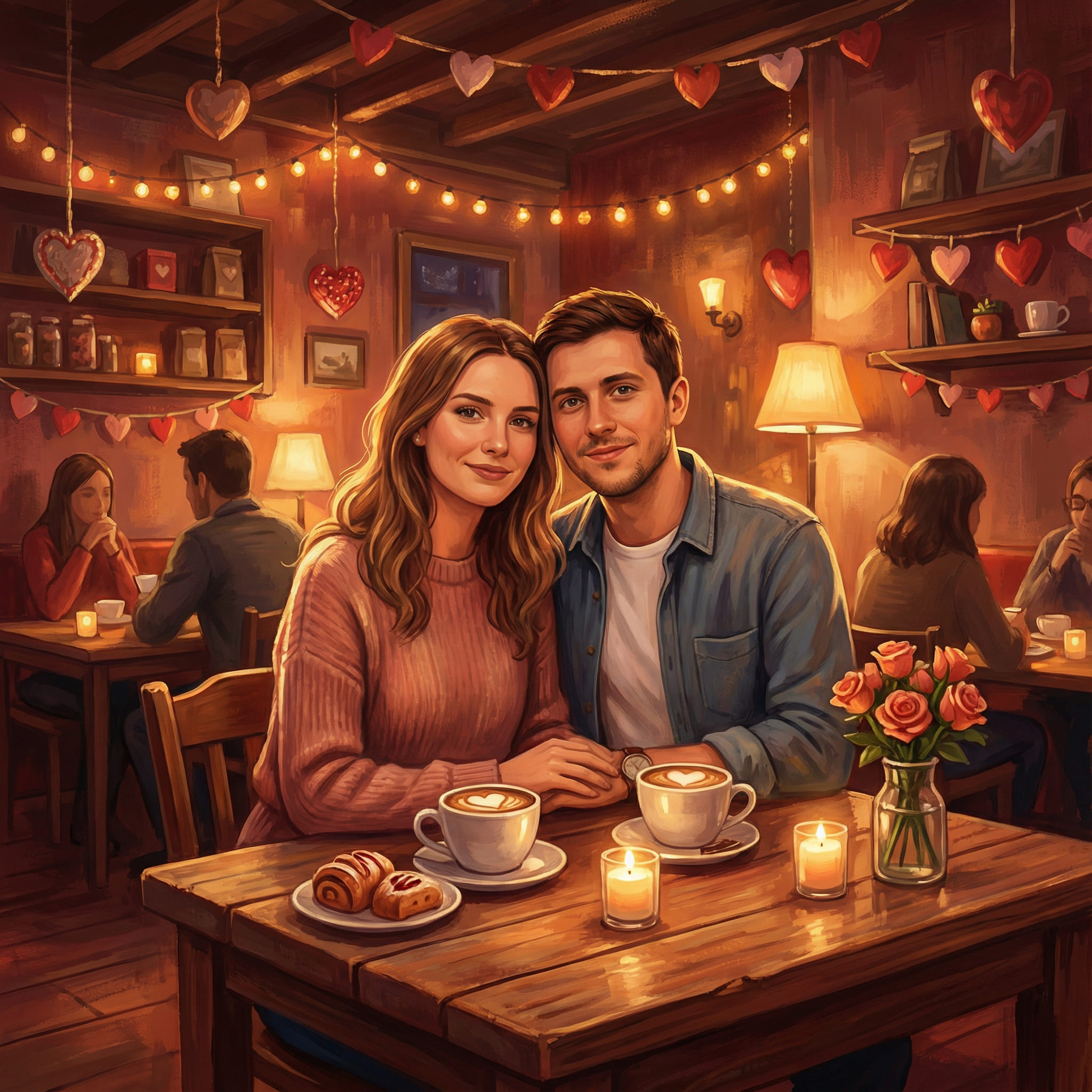 Couple in a cozy café setting, romantic digital art style after